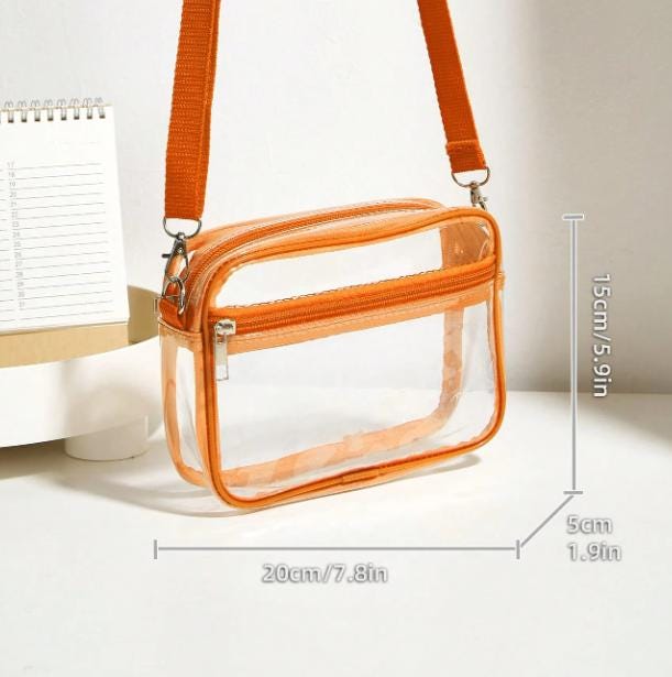 Orange Clear Crossbody Bag, Transparent Shoulder Purse, Zipper Handbag
