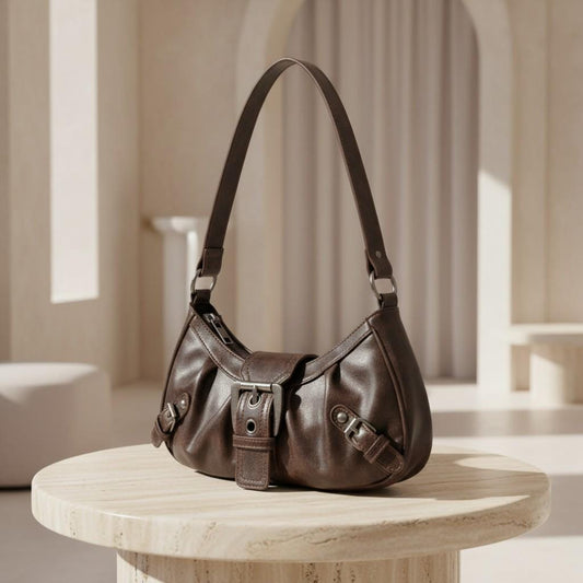 Vintage Brown Shoulder Bag, Y2K Hobo Purse, Retro Buckle Handbag, Dark Brown Everyday Bag