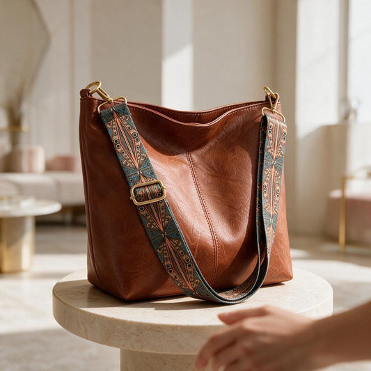 Brown Hobo Shoulder Bag, Boho Patterned Strap Purse, Slouchy Handbag, Adjustable Strap Bag, Casual Everyday Bag