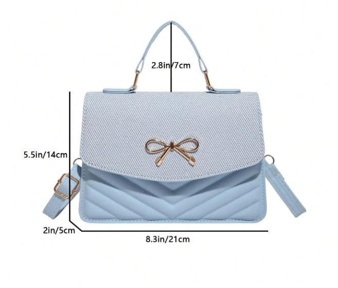 Light Blue Bow Handbag, Quilted Crossbody Purse, Powder Blue Shoulder Bag, Structured Flap Bag, Top Handle Purse