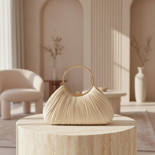 Ivory Pleated Clutch Bag, Ring Handle Evening Purse, Satin Shell Bag, Elegant Wedding Guest Handbag, Bridal Party Purse