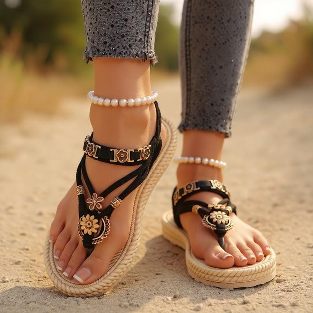 Black Flat Sandals for Women, Embellished T Strap Sandals, Boho Summer Shoes.