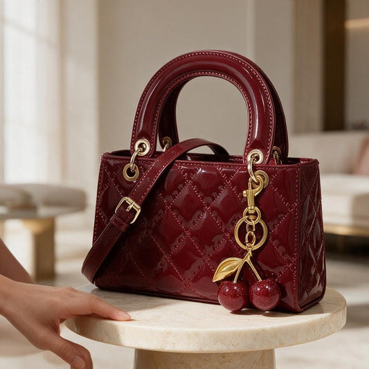 Burgundy Patent Handbag, Quilted Top Handle Purse, Cherry Charm Crossbody Bag, Red Shoulder Bag, Elegant Women’s Handbag