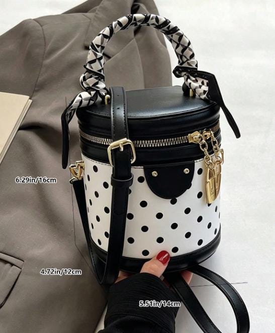 Polka Dot Bucket Bag, Black White Shoulder Bag, Cylindrical Handbag, Scarf Handle Purse, Gold Hardware Crossbody Bag