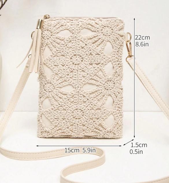 Cream Crochet Crossbody Bag, Lace Shoulder Purse, Boho Tassel Mini Bag