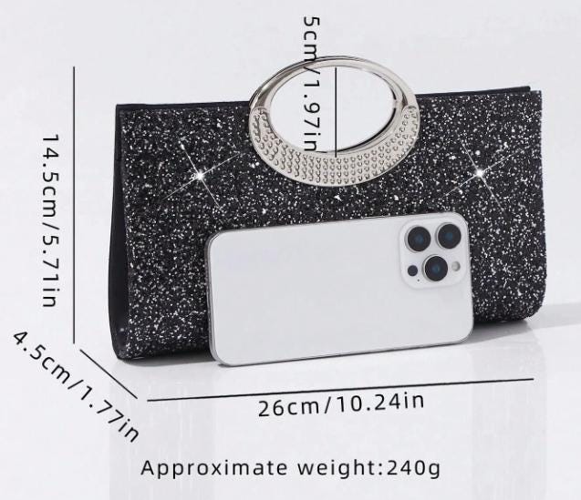 Black Glitter Clutch Bag, Sparkly Evening Purse with Crystal Ring Handle, Glam Party Handbag, Formal Night Out Bag