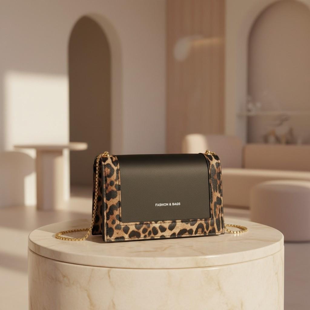 Black Leopard Shoulder Bag, Gold Chain Crossbody Purse, Leopard Print Handbag, Structured Flap Bag, Chic Everyday Purse