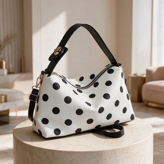 Black White Polka Dot Handbag, Polka Dot Shoulder Bag, Cute Top Handle Purse, Retro Womens Handbag, Everyday Purse