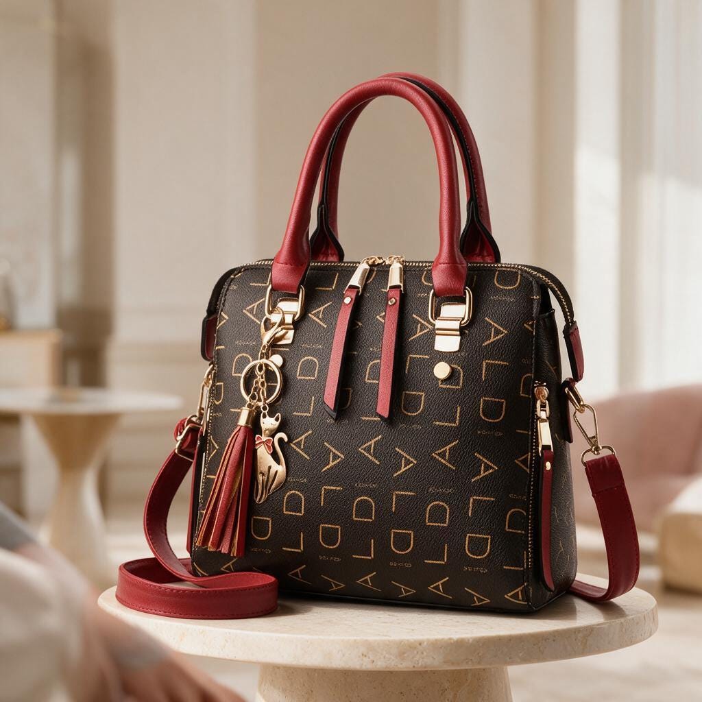 Black Satchel Bag, Red Handle Handbag, Women's Structured Purse, Crossbody Shoulder Bag, Tassel Charm Bag