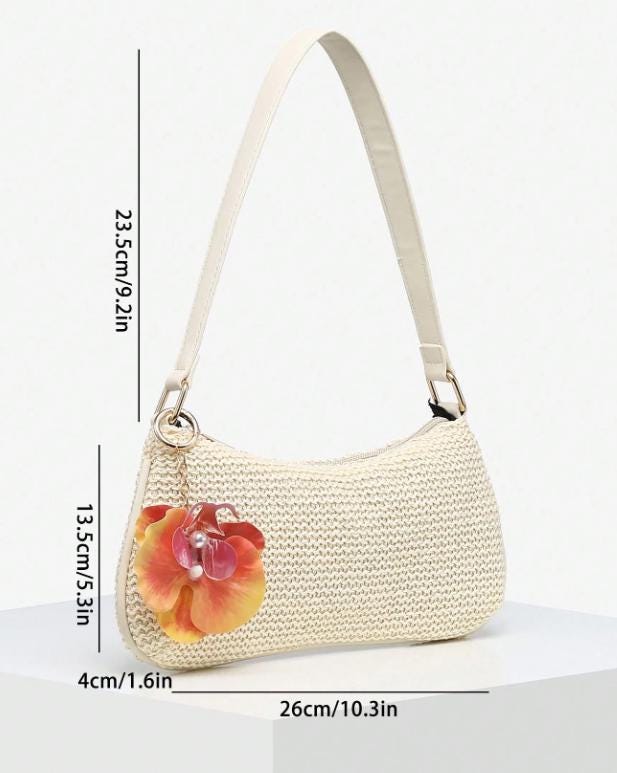 Cream Woven Shoulder Bag, Floral Crochet Purse, Flower Hobo Bag, Boho Summer Handbag, Cute Beach Bag, Vacation Purse