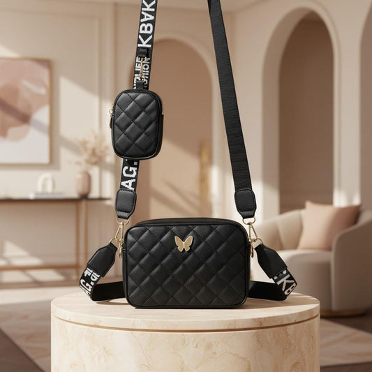 Black Quilted Crossbody Bag for Women, Small Shoulder Purse, Adjustable Strap, Everyday Handbag with Mini Pouch