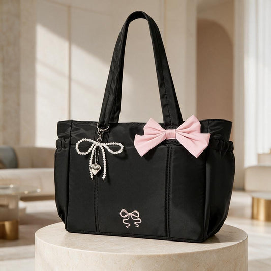 Black Bow Tote Bag, Pink Ribbon Handbag, Coquette Shoulder Bag, Pearl Charm Purse, Cute Feminine Everyday Bag