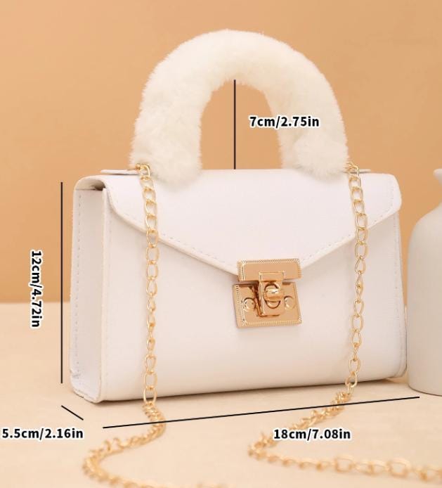 White Top Handle Bag, Faux Fur Handle Handbag, Ivory Purse, Structured Shoulder Bag, Chain Strap Bag, Elegant Handbag
