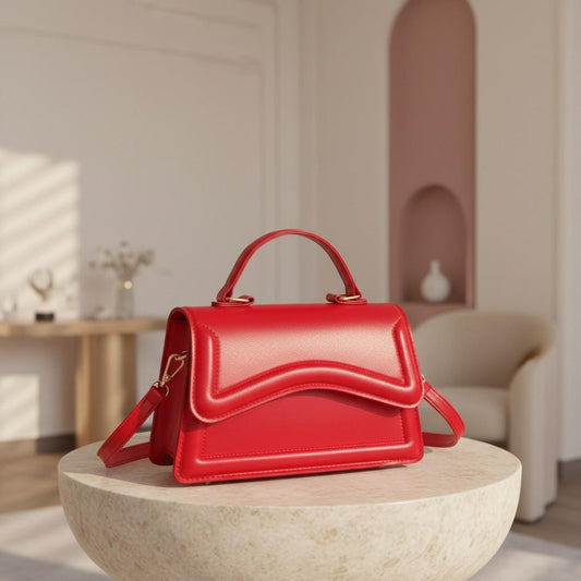 Red Structured Handbag, Women's Shoulder Bag, Top Handle Crossbody Purse, Curved Flap Bag, Red Everyday Bag
