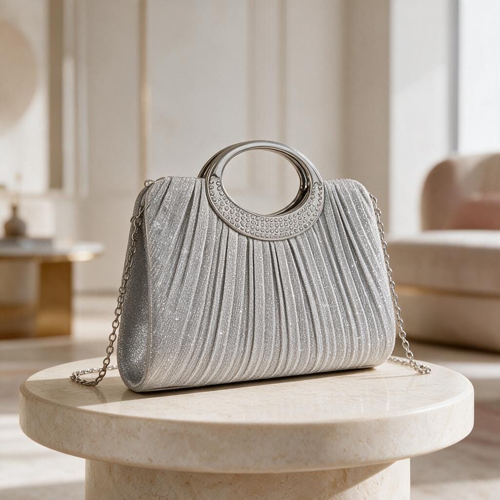 Silver Pleated Evening Bag, Rhinestone Ring Handle Purse, Silver Chain Shoulder Bag, Wedding Guest Clutch, Party Handbag