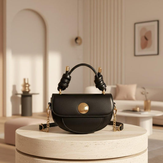 Black Top Handle Bag, Structured Shoulder Bag, Elegant Flap Handbag, Small Crossbody Purse, Gold Hardware, Women's Everyday Bag