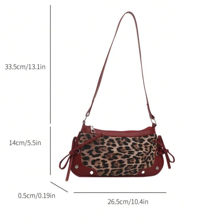 Leopard Baguette Bag, Burgundy Trim Shoulder Purse, Animal Print Handbag, Y2K Underarm Bag, Bow Detail Purse