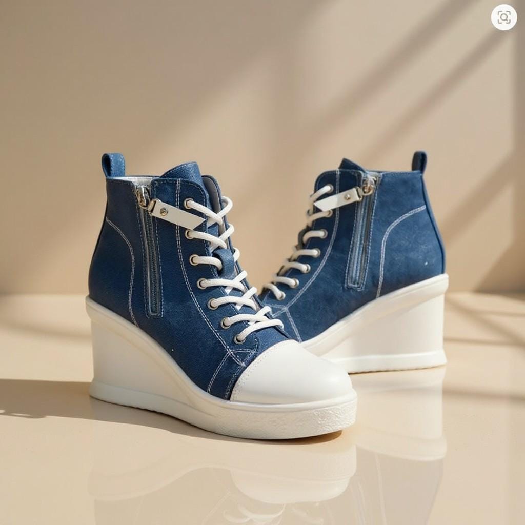 Blue Denim Wedge Sneakers, High Top Platform Shoes, Lace Up Jeans Sneakers, Women's Casual Fashion Shoes