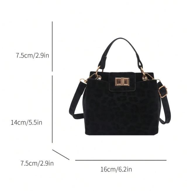 Black Leopard Handbag, Structured Top Handle Purse, Elegant Shoulder Bag, Animal Print Womens Handbag, Gold Buckle Purse