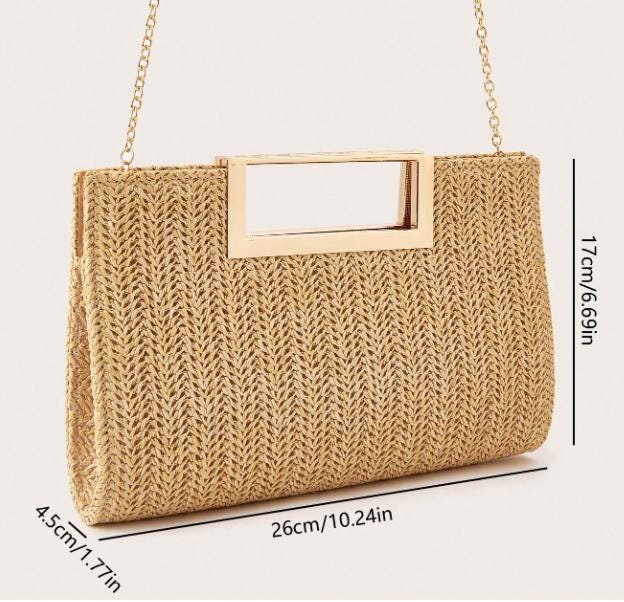 Woven Top Handle Bag, Natural Beige Handbag, Textured Purse, Gold Frame Handle