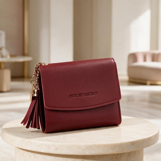 Burgundy Womens Wallet, Small Tassel Wallet, Compact Flap Purse, Red Wallet