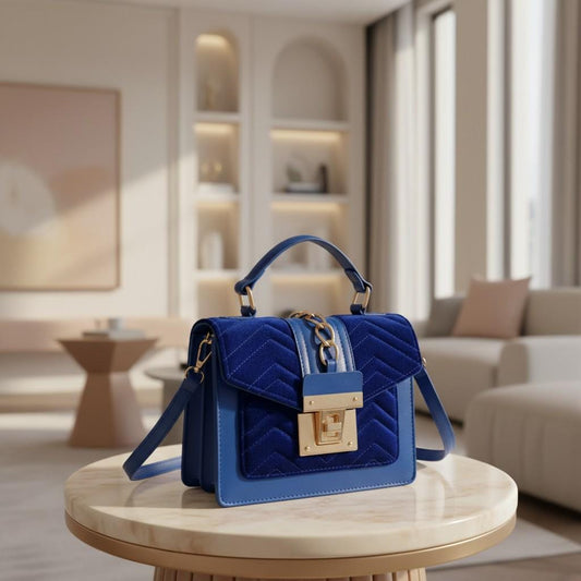 Blue Quilted Crossbody Bag for Women, Flap Shoulder Purse, Small Handbag with Adjustable Strap, Top Handle Bag