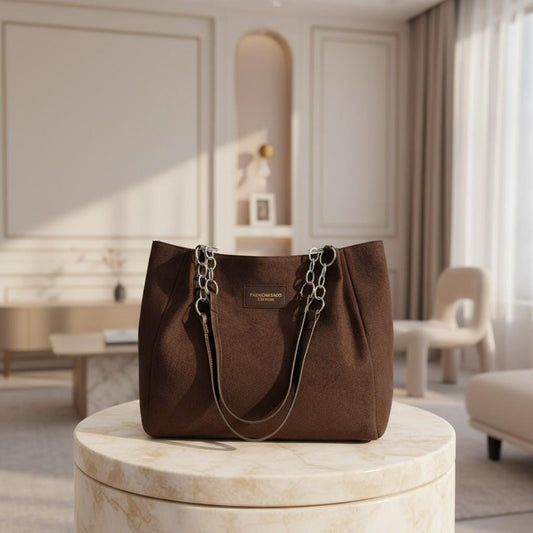 Brown Tote Bag, Large Shoulder Purse for Women, Chain Handle Handbag, Soft Textured Everyday Bag