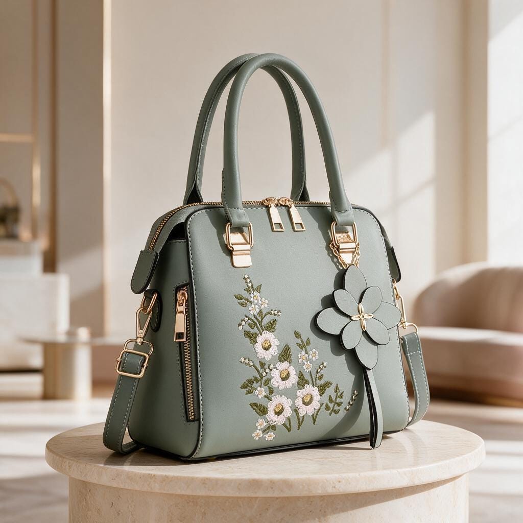 Sage Green Floral Handbag, Embroidered Flower Purse, Women's Shoulder Bag, 3D Flower Crossbody Bag