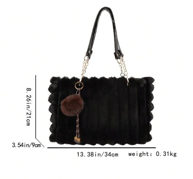 Black Faux Fur Bag, Fluffy Shoulder Purse, Cozy Winter Handbag, Plush Tote Bag, Soft Furry Fashion Accessory
