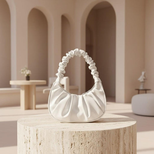 White Ruched Shoulder Bag, Gathered Crescent Purse, Scrunchie Handle Handbag, Minimalist Underarm Bag, Trendy Everyday Purse