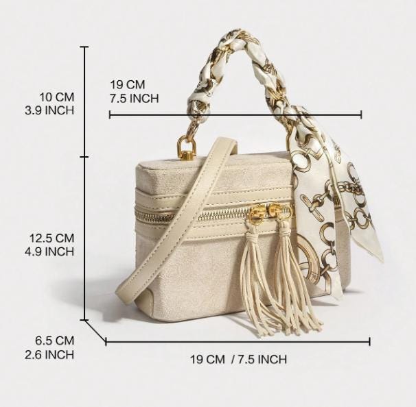 Cream Structured Top Handle Bag, Scarf Handle Purse, Tassel Shoulder Bag, Neutral Handbag