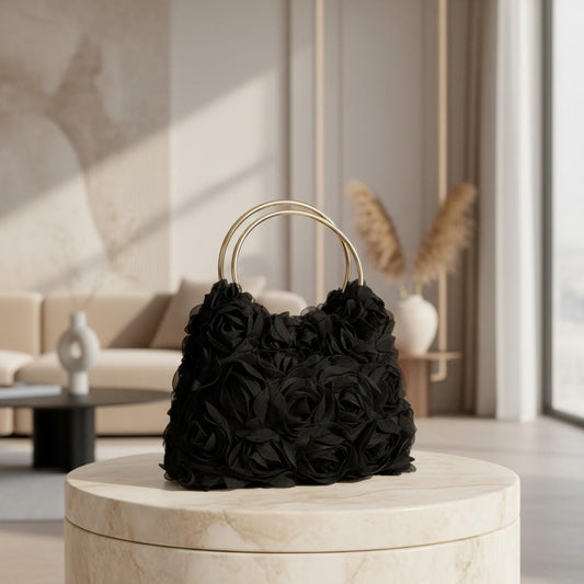 Black Rose Flower Handbag, 3D Floral Shoulder Bag, Black Flower Purse, Elegant Evening Bag, Gold Ring Handle Purse