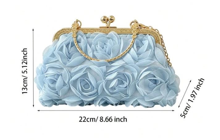 Light Blue Floral Clutch, 3D Flower Evening Bag, Powder Blue Wedding Purse, Bridal Clutch, Kiss Lock Chain Handbag