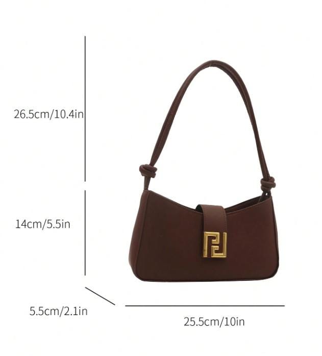 Chocolate Brown Baguette Shoulder Bag, Gold Clasp Handbag, Y2K Underarm Purse, Minimalist Everyday Bag