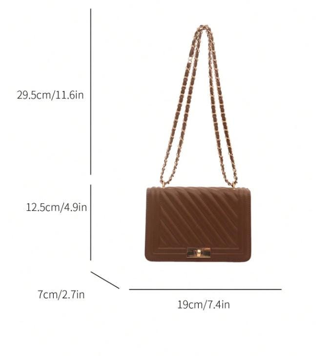 Brown Quilted Shoulder Bag, Chain Strap Purse, Diagonal Quilted Handbag, Structured Crossbody Bag, Elegant Everyday Bag