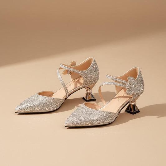 Silver Rhinestone Heels for Women, Pointed Toe Strappy Pumps, Sparkly Bridal Wedding Shoes