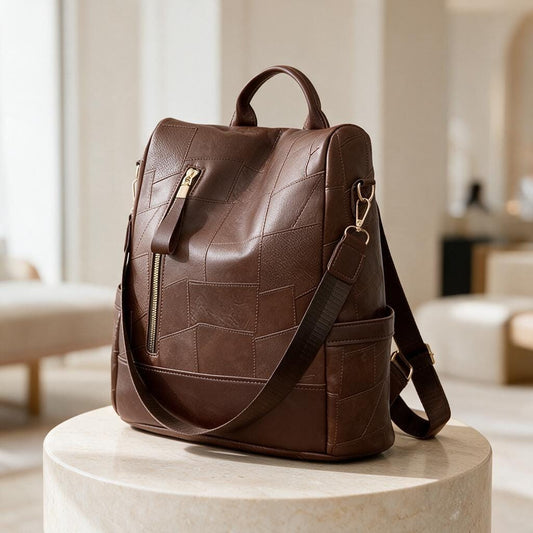Brown Patchwork Backpack, Women's Casual Backpack, Vintage Style Daypack, Everyday Brown Bag, Multi Pocket City Backpack