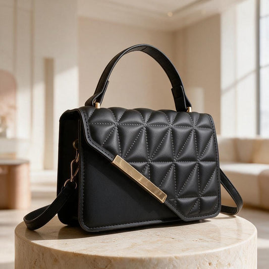 Black Quilted Handbag, Padded Top Handle Purse, Elegant Flap Shoulder Bag, Minimalist Crossbody Bag, Womens Evening Purse