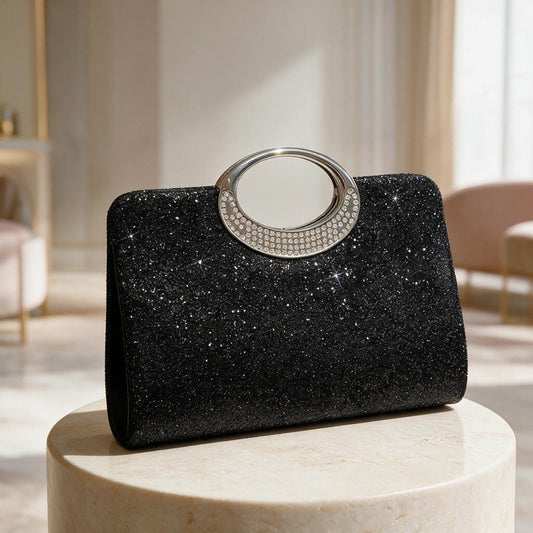 Black Glitter Clutch Bag, Sparkly Evening Purse with Crystal Ring Handle, Glam Party Handbag, Formal Night Out Bag