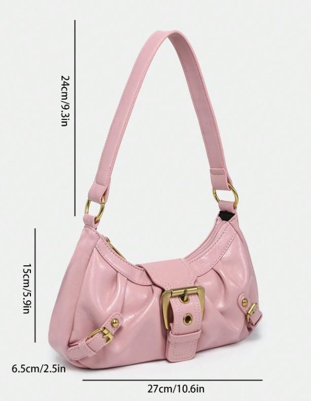 Pink Shoulder Bag, Y2K Hobo Purse, Pink Baguette Bag, Gold Buckle Handbag, Retro Pink Purse