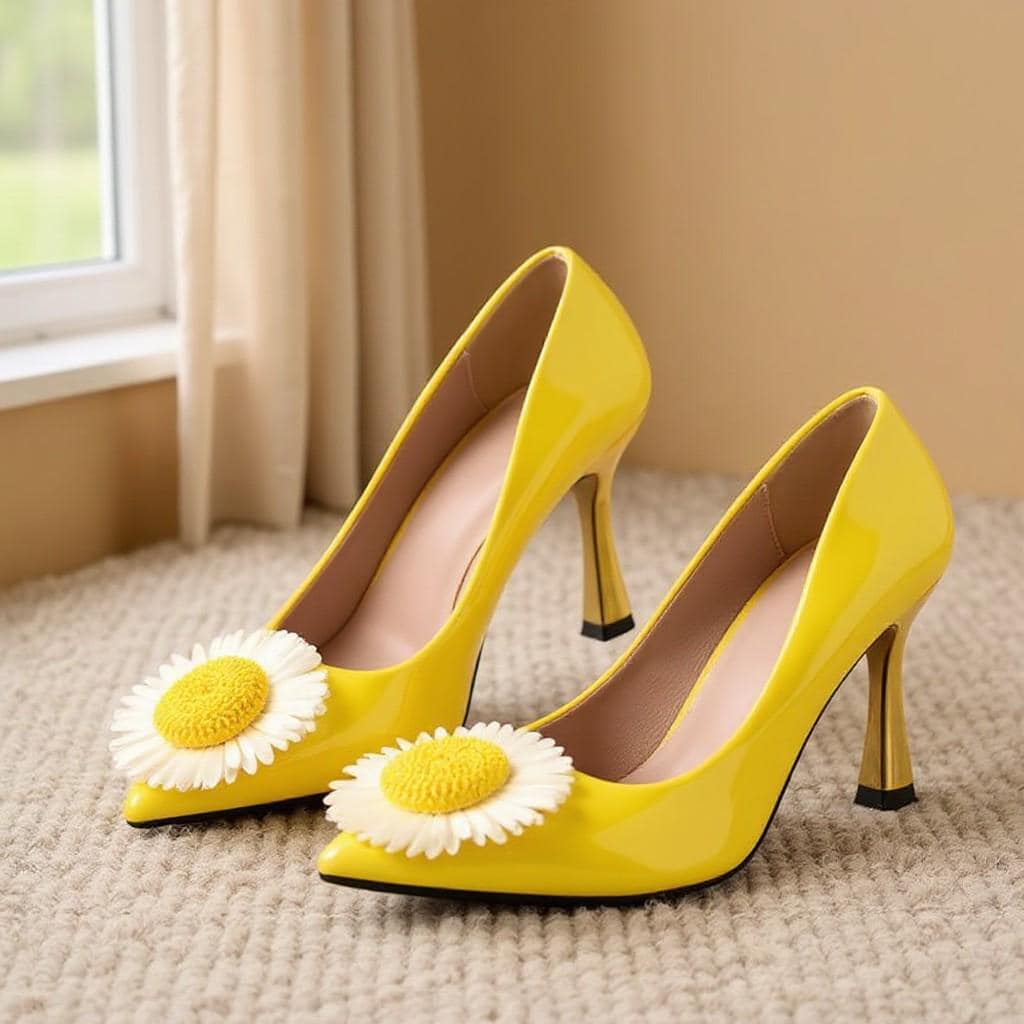 Yellow Daisy Heels, Floral High Heel Pumps, White Flower Stiletto Shoes, Pointed Toe Women's Statement Shoes