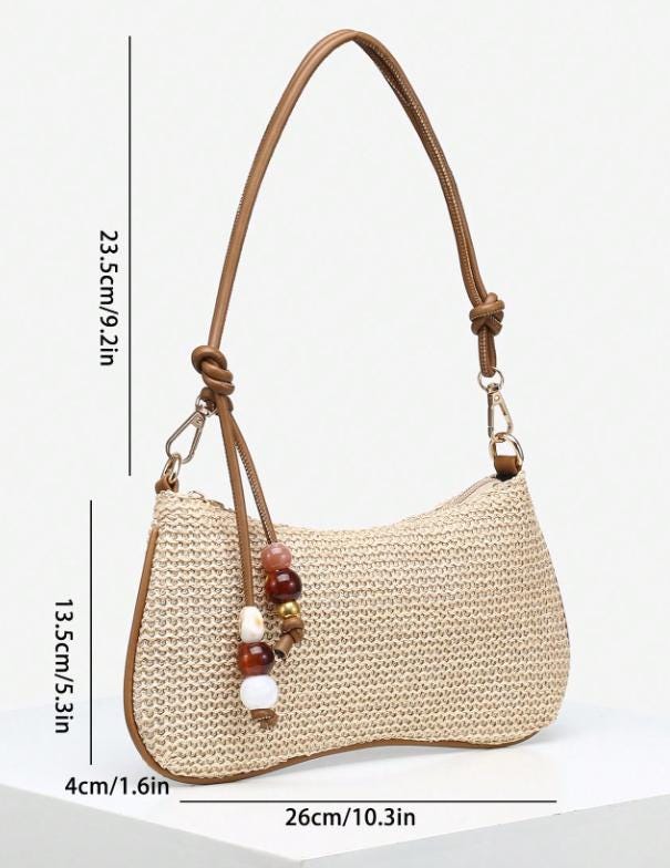 Woven Shoulder Bag, Boho Summer Purse, Beige Hobo Bag, Beaded Detail Handbag, Casual Beach Bag