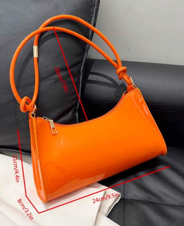 Orange Baguette Shoulder Bag, Glossy Orange Purse, Y2K Handbag, Bright Orange Underarm Bag, Trendy Women's Shoulder Bag