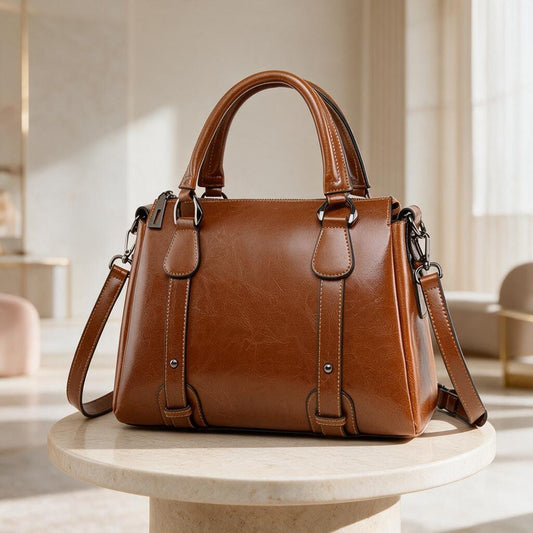 Brown Satchel Bag, Structured Top Handle Handbag, Cognac Shoulder Bag, Classic Crossbody Purse, Women's Work Tote