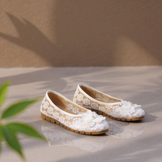 White Floral Lace Ballet Flats, Flower Applique Bridal Shoes, Comfortable Wedding Flats