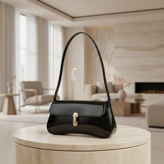 Black Glossy Shoulder Bag, Baguette Purse, Gold Clasp Handbag, Y2K Underarm Bag, Minimalist Everyday Purse