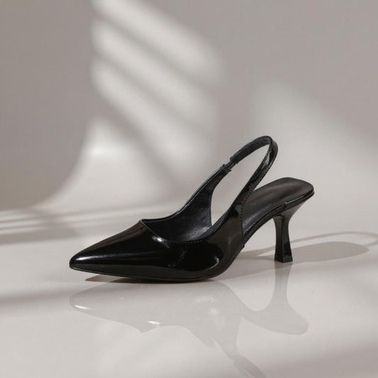Black Slingback Heels, Pointed Toe Stiletto Pumps, Glossy Patent Look Dress Shoes