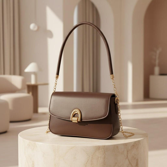 Brown Flap Shoulder Bag, Structured Handbag, Gold Clasp Purse, Top Handle Bag