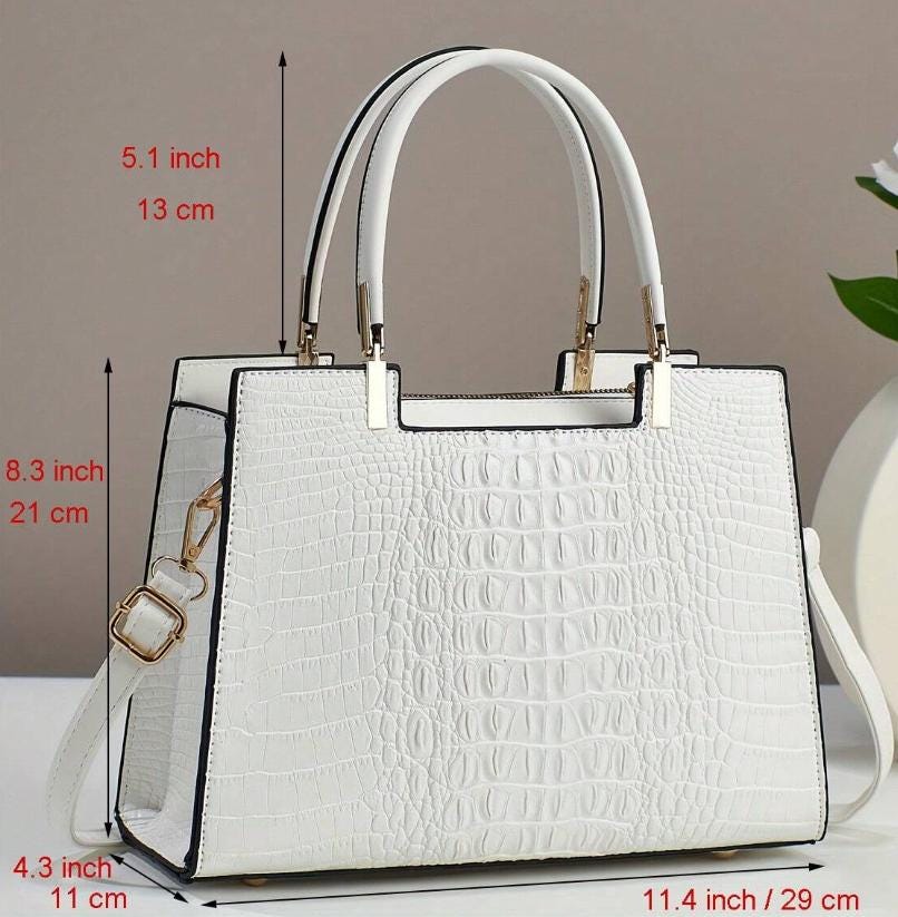 White Croc Embossed Handbag, Structured Top Handle Bag, Women's Shoulder Crossbody Purse, Elegant White Satchel