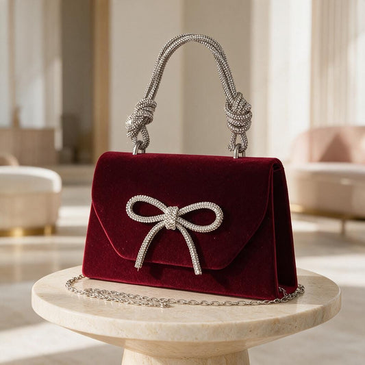 Burgundy Velvet Clutch, Rhinestone Bow Purse, Elegant Evening Bag, Wedding Guest Purse, Bridal Party Handbag